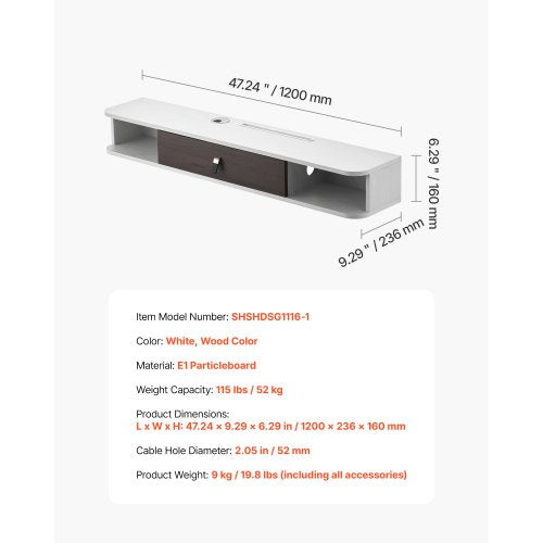 Flytande TV-bänk 47 tum underhållningscenter ström med kabelhål vit |  EU