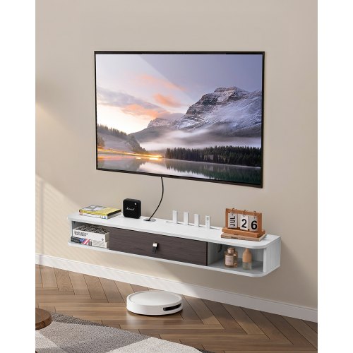 Floating TV Stand, 47 in Wall Mount Entertainment Center with Cable Hole, Modern Floating TV Shelf with Storage Cabinet, Particle Board Console for DVD Player, Cable Box, Game Console, White