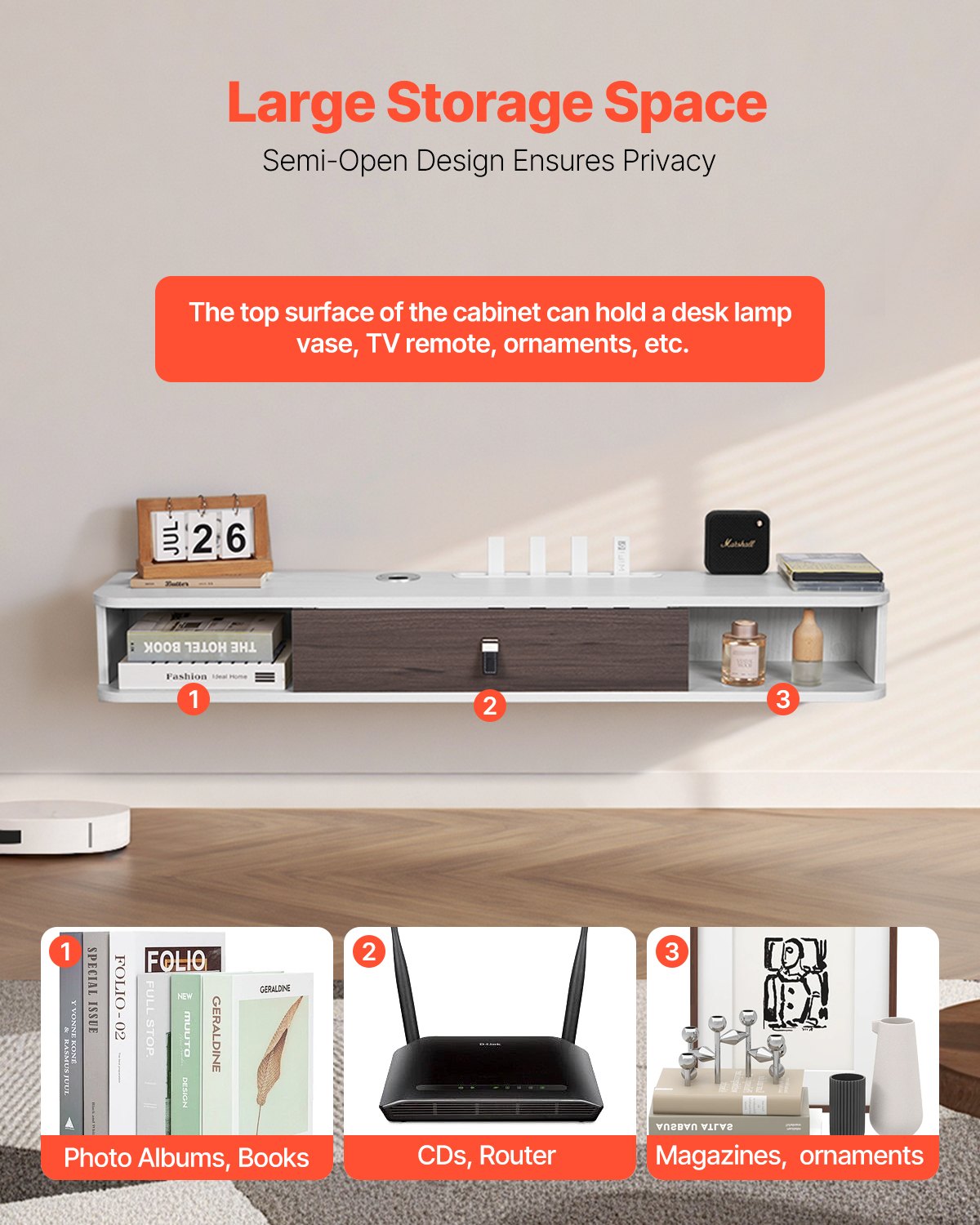 Floating TV Stand, 47 in Wall Mount Entertainment Center with Cable Hole, Modern Floating TV Shelf with Storage Cabinet, Particle Board Console for DVD Player, Cable Box, Game Console, White