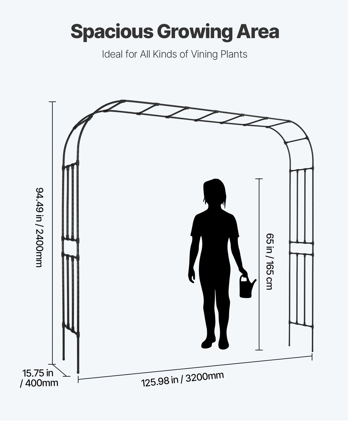 Garden Arbor, 94.5 (H) x 126 (W) x 15.8 (D) in Metal Archway, Sturdy Outdoor Trellis Arch with Stakes, Easy to Assemble, Pergola Arbor for Plant Climbing Yard Lawn Wedding Party Decoration