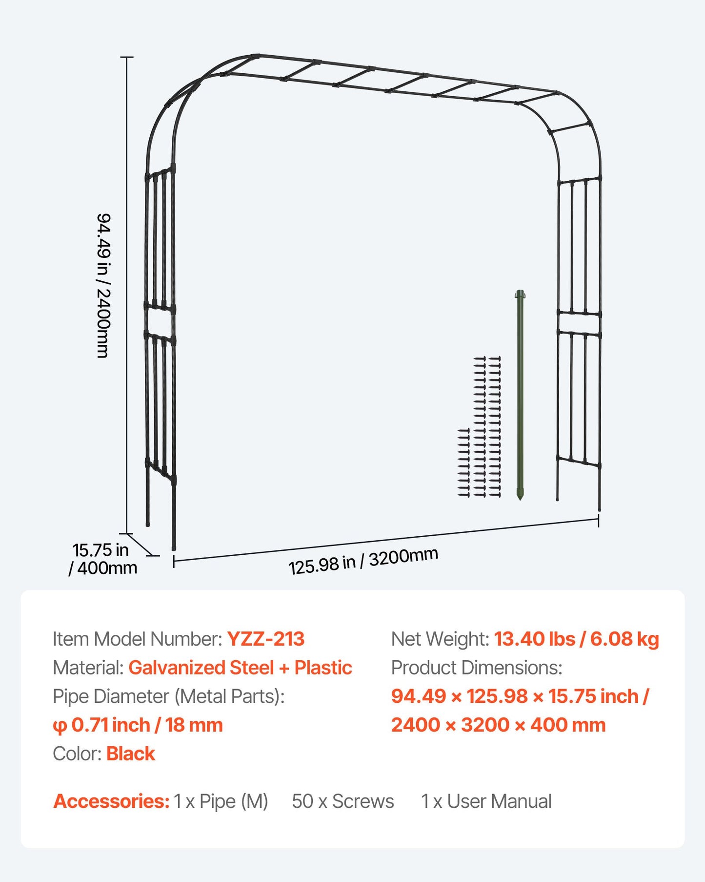 Garden Arbor, 94.5 (H) x 126 (W) x 15.8 (D) in Metal Archway, Sturdy Outdoor Trellis Arch with Stakes, Easy to Assemble, Pergola Arbor for Plant Climbing Yard Lawn Wedding Party Decoration