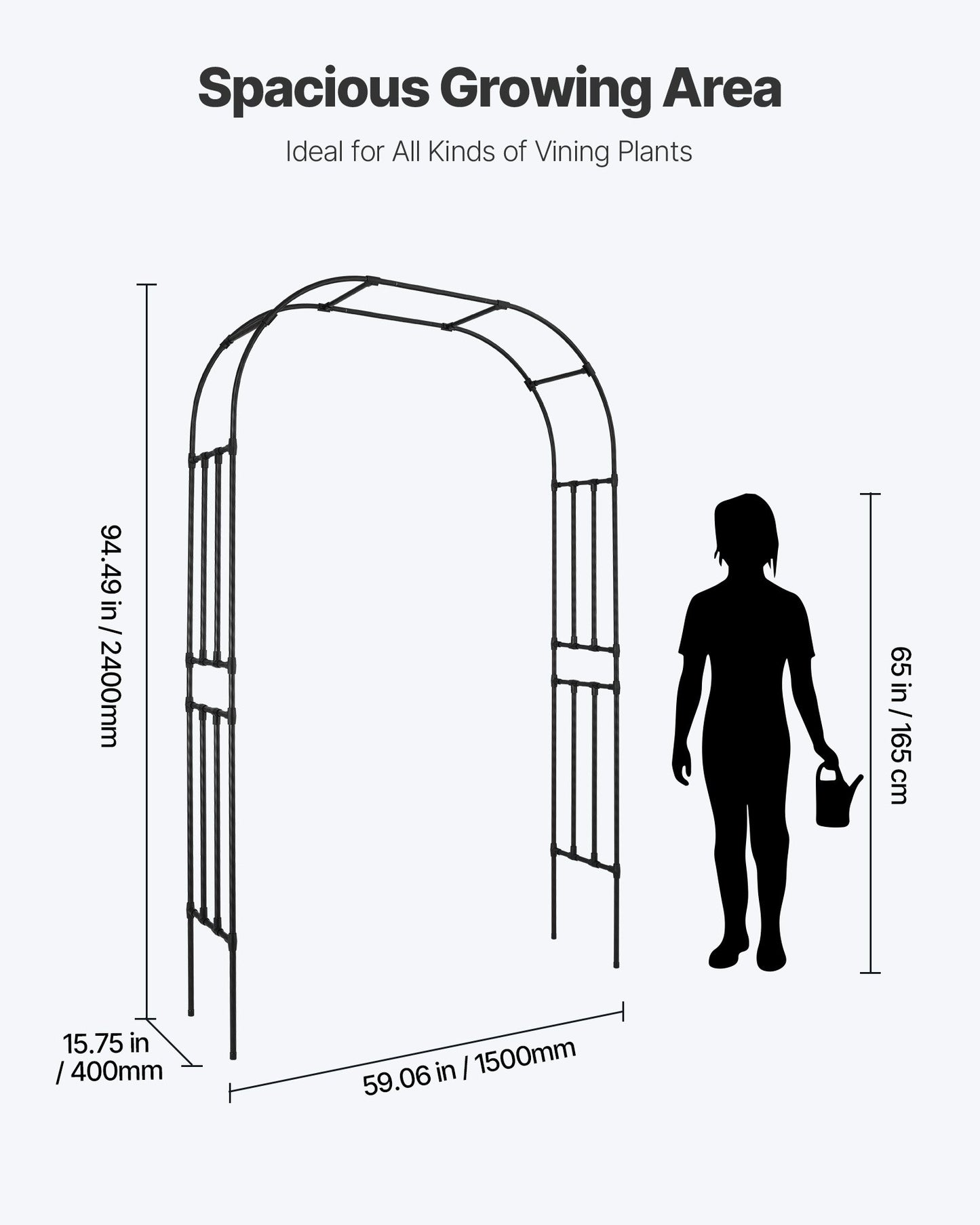 Garden Arbor, 94.5 (H) x 59 (W) x 15.8 (D) in Metal Archway, Sturdy Outdoor Trellis Arch with Stakes, Easy to Assemble, Pergola Arbor for Plant Climbing Yard Lawn Wedding Party Decoration