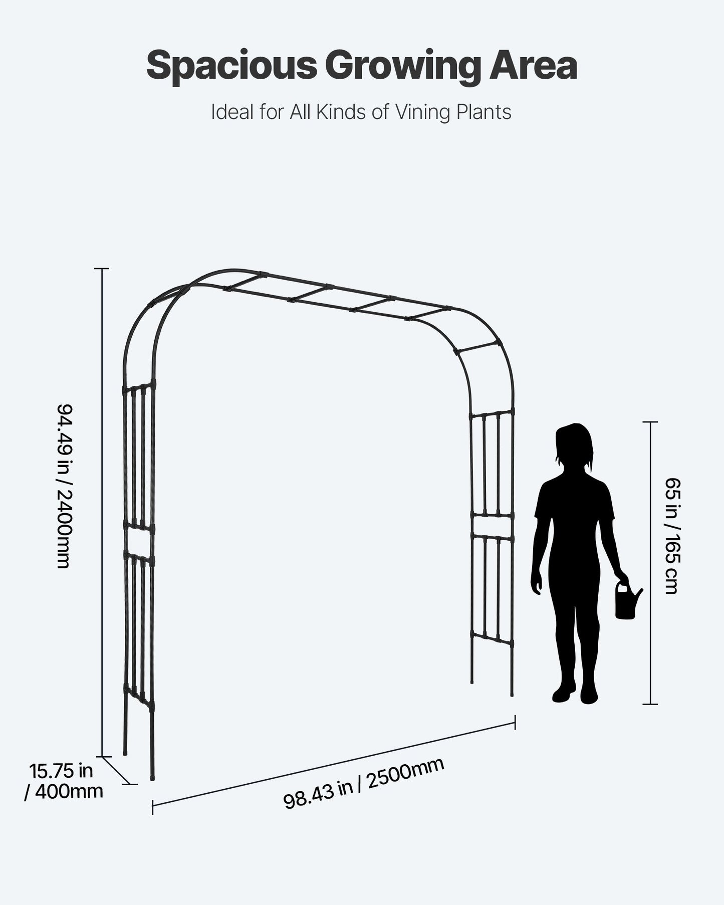 Garden Arbor, 94.5 (H) x 98.5 (W) x 15.8 (D) in Metal Archway, Sturdy Outdoor Trellis Arch with Stakes, Easy to Assemble, Pergola Arbor for Plant Climbing Yard Lawn Wedding Party Decoration