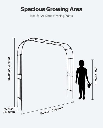 Garden Arbor, 94.5 (H) x 98.5 (W) x 15.8 (D) in Metal Archway, Sturdy Outdoor Trellis Arch with Stakes, Easy to Assemble, Pergola Arbor for Plant Climbing Yard Lawn Wedding Party Decoration