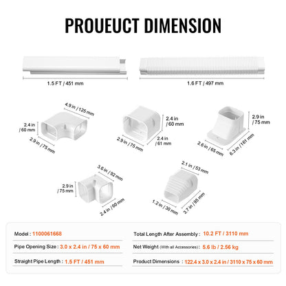 Mini Split Line Set Abdeckung 76,2 mm B 3110 mm L, dekorative PVC-Rohrleitungsabdeckung für Klimaanlagen mit 5 geraden Kanälen und kompletten Komponenten. Einfach zu installieren, überstreichbar für Wärmepumpen, weiß