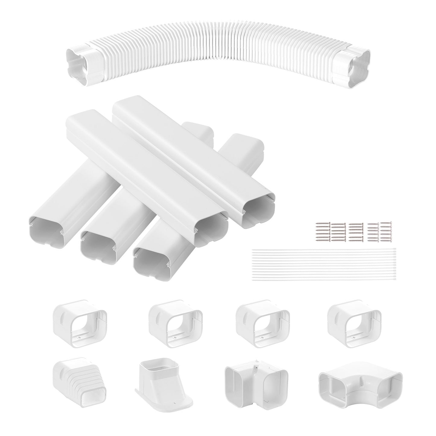 Mini Split Line Set Abdeckung 76,2 mm B 3110 mm L, dekorative PVC-Rohrleitungsabdeckung für Klimaanlagen mit 5 geraden Kanälen und kompletten Komponenten. Einfach zu installieren, überstreichbar für Wärmepumpen, weiß