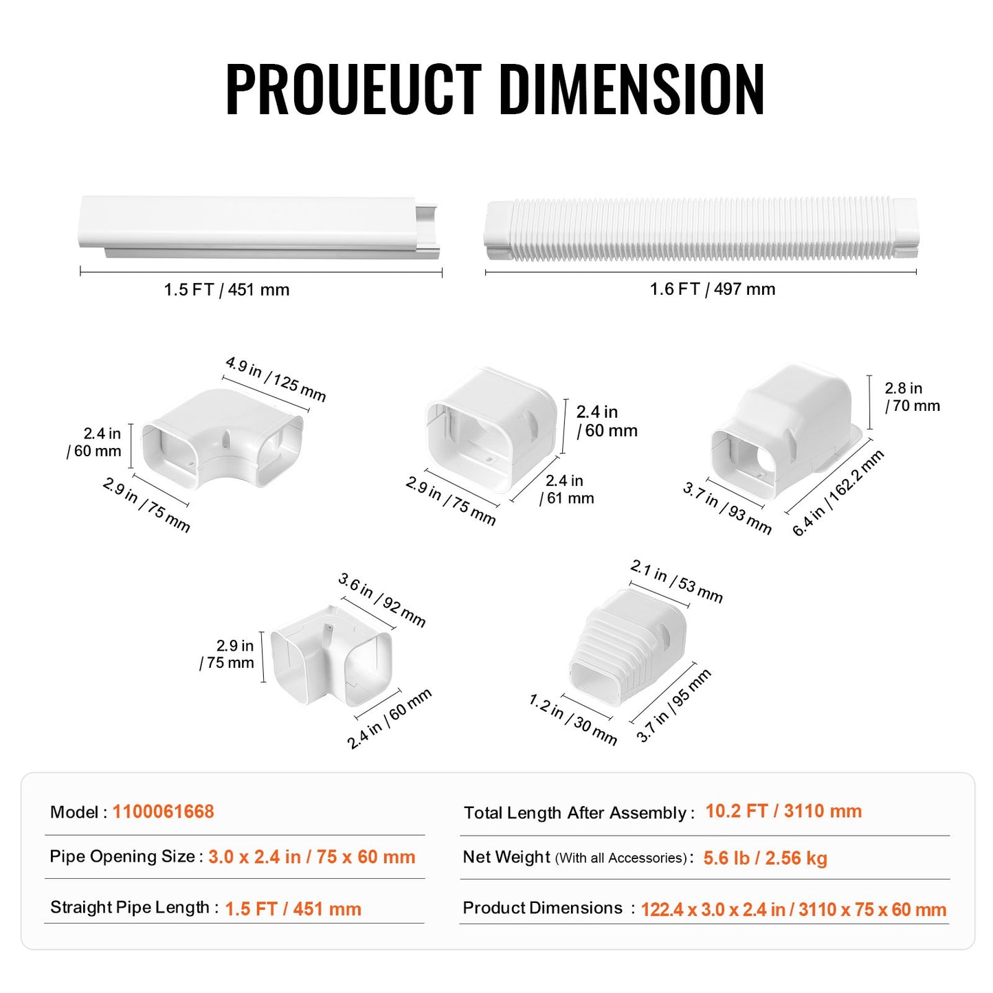 Mini Split Line Set Cover 3-inch W 10Ft L, PVC Decorative Pipe Line Cover For Air Conditioner with 5 Straight Ducts & Full Components Easy to Install, Paintable for Heat Pumps, White