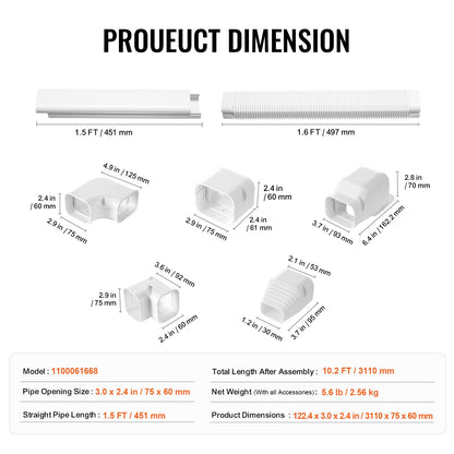 Mini Split Line Set Cover 3-inch W 10Ft L, PVC Decorative Pipe Line Cover For Air Conditioner with 5 Straight Ducts & Full Components Easy to Install, Paintable for Heat Pumps, White