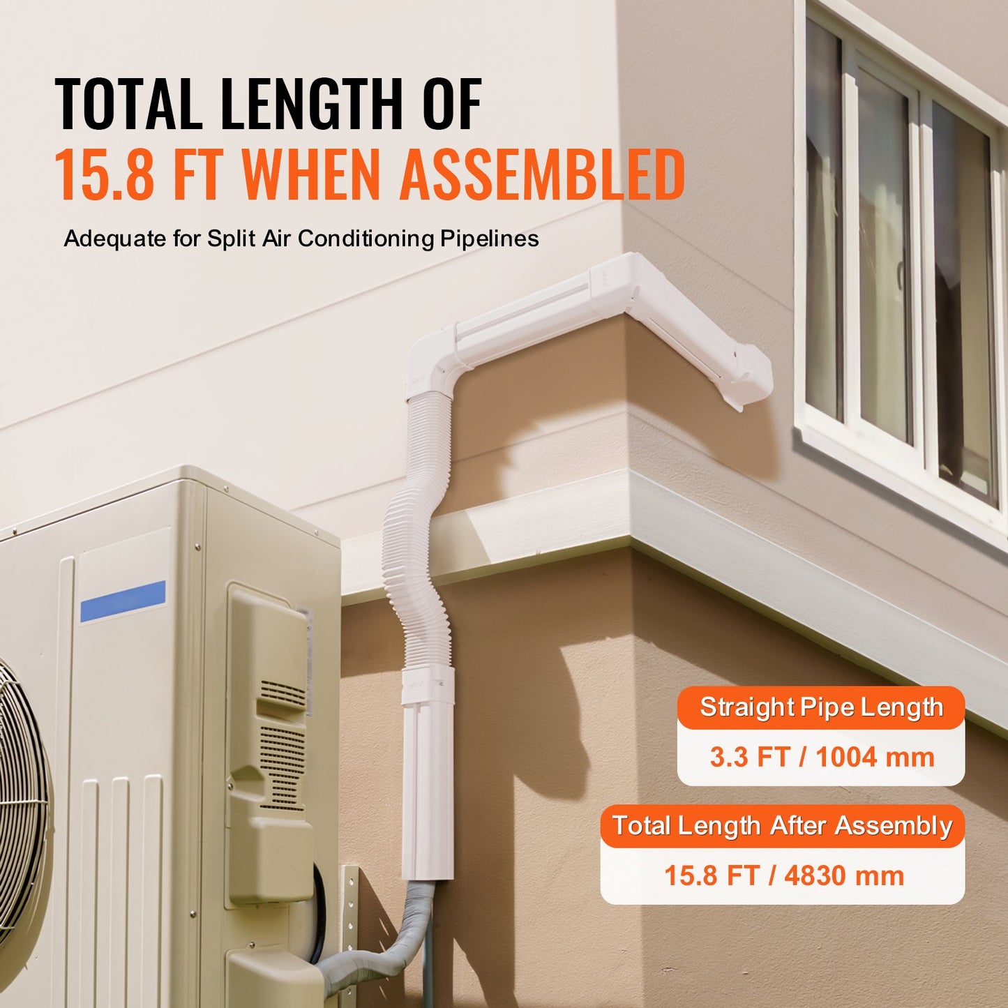 Mini Split Line Set Cover 3-inch W 15.8Ft L, PVC Decorative Pipe Line Cover For Air Conditioner with 4 Straight Ducts & Full Components Easy to Install, Paintable for Heat Pumps, White