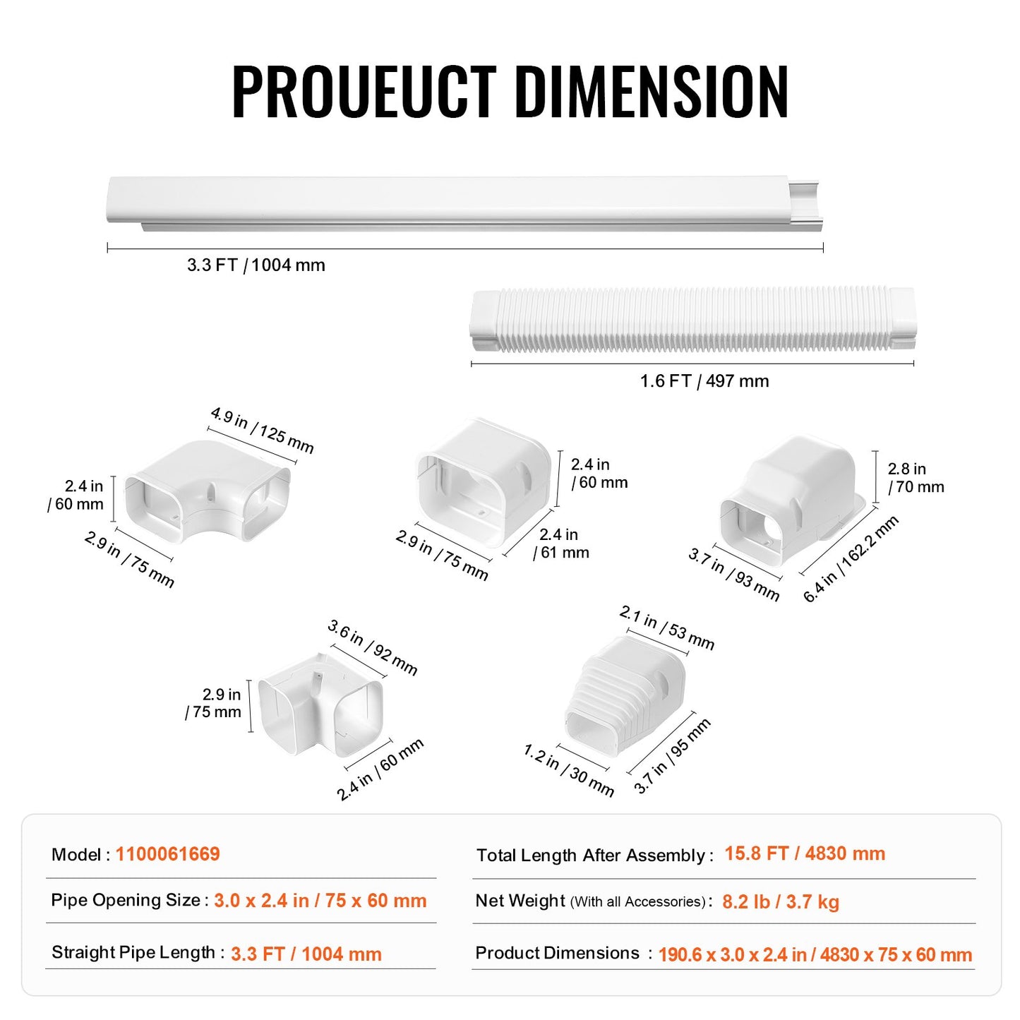 Mini Split Line Set Cover 3-inch W 15.8Ft L, PVC Decorative Pipe Line Cover For Air Conditioner with 4 Straight Ducts & Full Components Easy to Install, Paintable for Heat Pumps, White