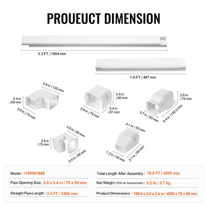 Mini Split Line Set Cover 3-inch W 15.8Ft L, PVC Decorative Pipe Line Cover For Air Conditioner with 4 Straight Ducts & Full Components Easy to Install, Paintable for Heat Pumps, White