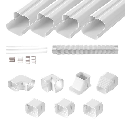 Mini Split Line Set Abdeckung 76,2 mm B 4830 mm L, dekorative PVC-Rohrleitungsabdeckung für Klimaanlagen mit 4 geraden Kanälen und kompletten Komponenten. Einfach zu installieren, überstreichbar für Wärmepumpen, weiß