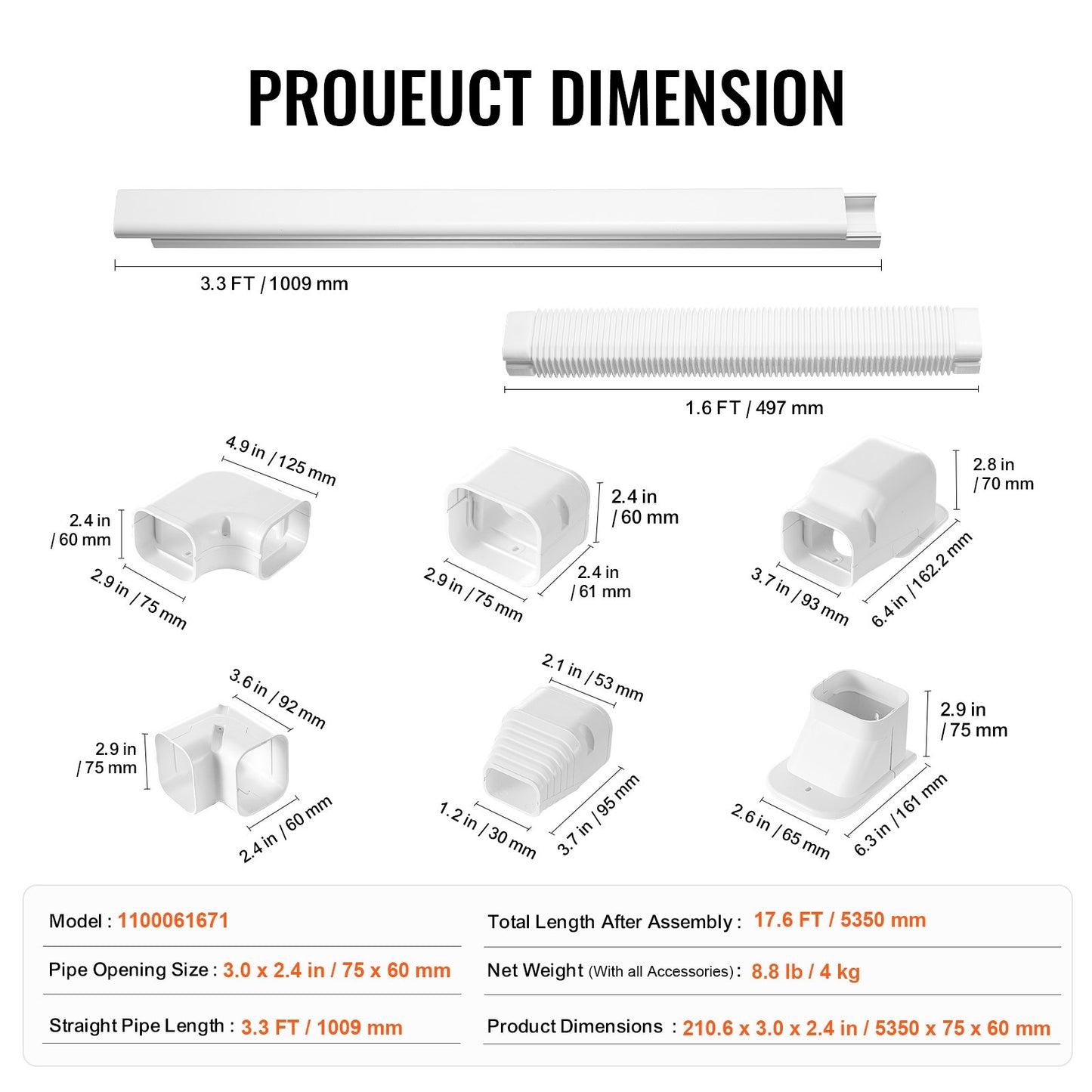 Mini Split Line Set Abdeckung 76,2 mm B 5350 mm L, dekorative PVC-Rohrleitungsabdeckung für Klimaanlagen mit 4 geraden Kanälen und kompletten Komponenten. Einfach zu installieren, überstreichbar für Wärmepumpen, weiß