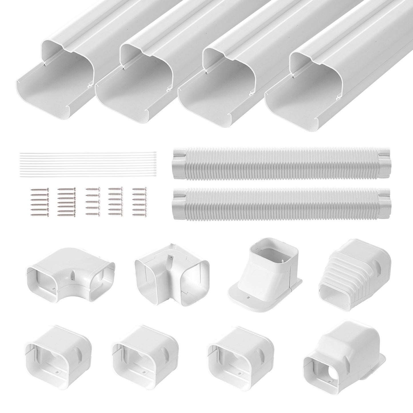 Mini Split Line Set Abdeckung 76,2 mm B 5350 mm L, dekorative PVC-Rohrleitungsabdeckung für Klimaanlagen mit 4 geraden Kanälen und kompletten Komponenten. Einfach zu installieren, überstreichbar für Wärmepumpen, weiß