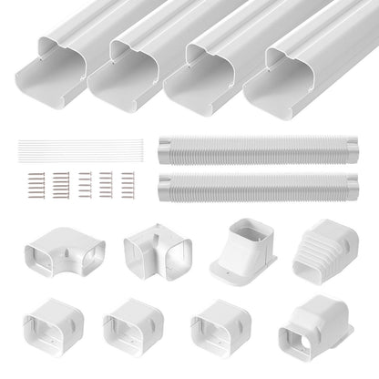 Mini Split Line Set Abdeckung 76,2 mm B 5350 mm L, dekorative PVC-Rohrleitungsabdeckung für Klimaanlagen mit 4 geraden Kanälen und kompletten Komponenten. Einfach zu installieren, überstreichbar für Wärmepumpen, weiß