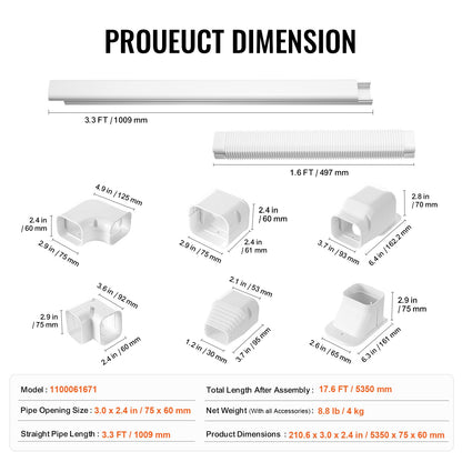 Mini Split Line Set Cover 3-inch W 17.6Ft L, PVC Decorative Pipe Line Cover For Air Conditioner with 4 Straight Ducts & Full Components Easy to Install, Paintable for Heat Pumps, White