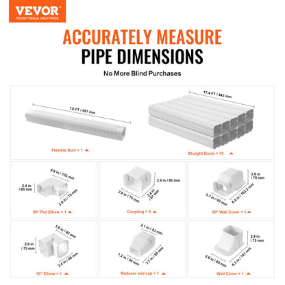 Mini Split Line Set Abdeckung 76,2 mm B 5400 mm L, dekorative PVC-Rohrleitungsabdeckung für Klimaanlagen mit 10 geraden Kanälen und kompletten Komponenten. Einfach zu installieren, überstreichbar für Wärmepumpen, weiß