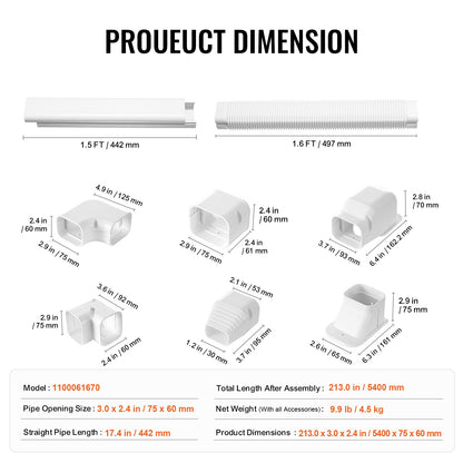 Mini Split Line Set Abdeckung 76,2 mm B 5400 mm L, dekorative PVC-Rohrleitungsabdeckung für Klimaanlagen mit 10 geraden Kanälen und kompletten Komponenten. Einfach zu installieren, überstreichbar für Wärmepumpen, weiß