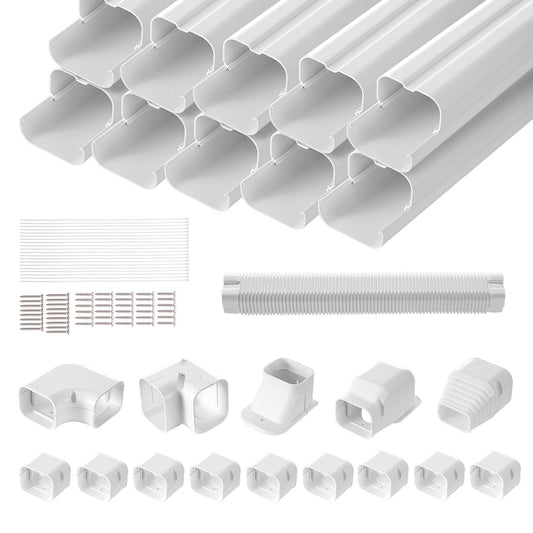 Mini Split Line Set Abdeckung 76,2 mm B 5400 mm L, dekorative PVC-Rohrleitungsabdeckung für Klimaanlagen mit 10 geraden Kanälen und kompletten Komponenten. Einfach zu installieren, überstreichbar für Wärmepumpen, weiß