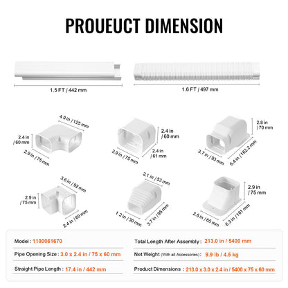 Mini Split Line Set Cover 3-inch W 17.7Ft L, PVC Decorative Pipe Line Cover For Air Conditioner with 10 Straight Ducts & Full Components Easy to Install, Paintable for Heat Pumps, White