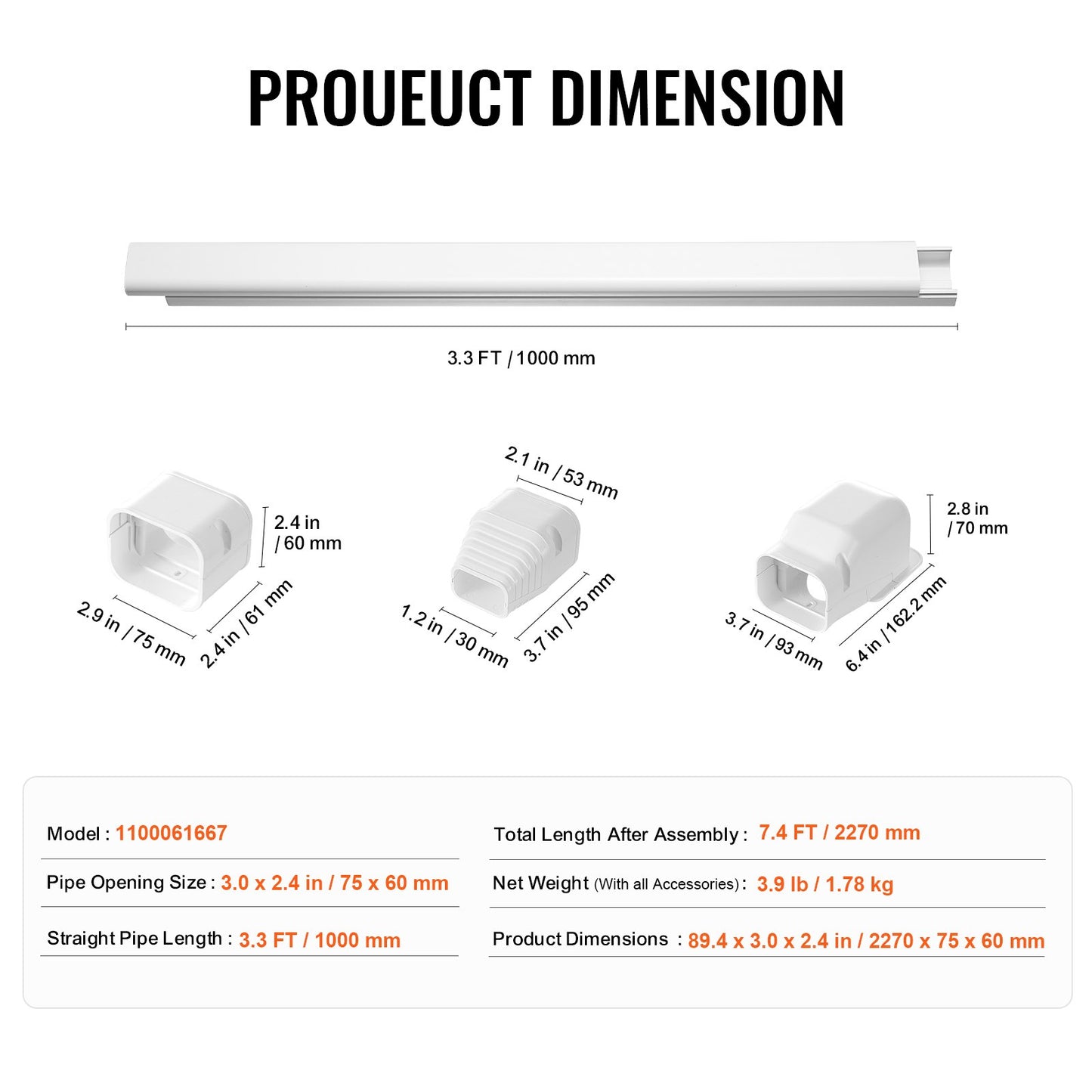 Mini Split Line Set Cover 3-inch W 7.4Ft L, PVC Decorative Pipe Line Cover For Air Conditioner with 2 Straight Ducts & Full Components Easy to Install, Paintable for Heat Pumps, White