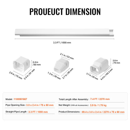 Mini Split Line Set Cover 3-inch W 7.4Ft L, PVC Decorative Pipe Line Cover For Air Conditioner with 2 Straight Ducts & Full Components Easy to Install, Paintable for Heat Pumps, White