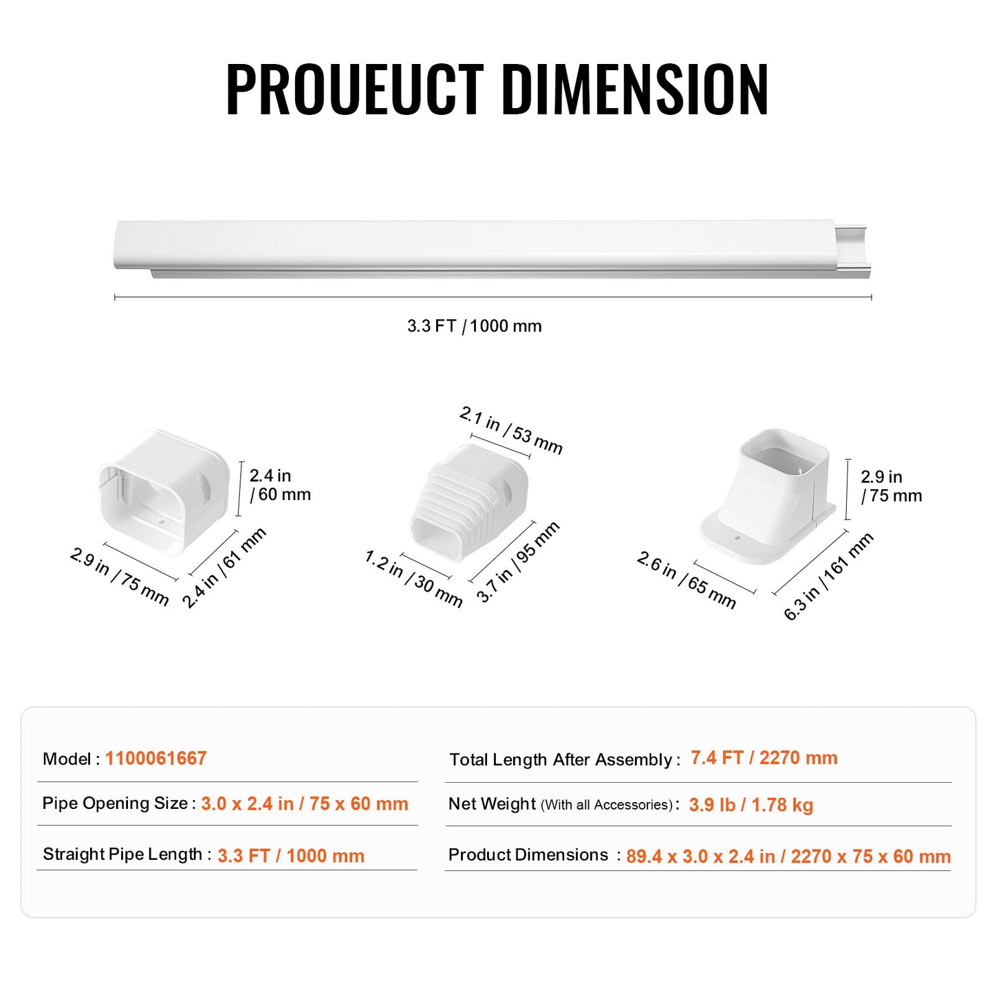Mini Split Line Set Abdeckung 76,2 mm B 2270 mm L, dekorative PVC-Rohrleitungsabdeckung für Klimaanlagen mit 2 geraden Kanälen und kompletten Komponenten. Einfach zu installieren, überstreichbar für Wärmepumpen, weiß