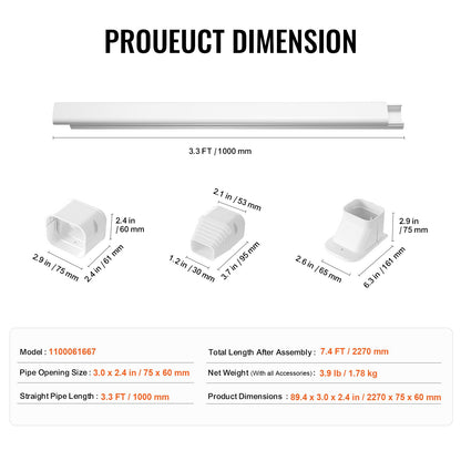 Mini Split Line Set Abdeckung 76,2 mm B 2270 mm L, dekorative PVC-Rohrleitungsabdeckung für Klimaanlagen mit 2 geraden Kanälen und kompletten Komponenten. Einfach zu installieren, überstreichbar für Wärmepumpen, weiß