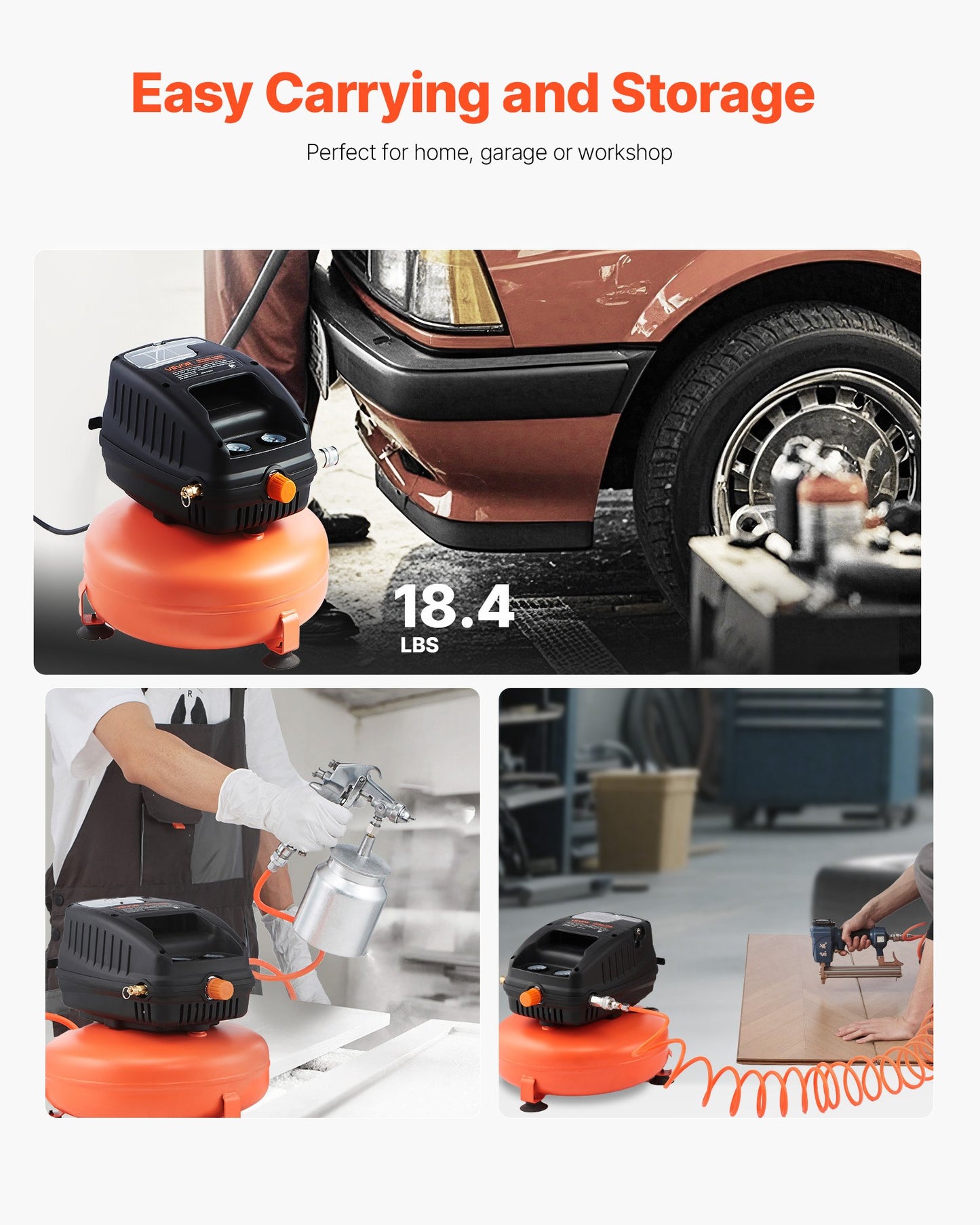 3 Gallon Air Compressor, 1/3HP 0.54CFM @ 90PSI Portable Pancake Air Compressor & 100PSI Max Working Pressure, Oil-Free Compressor Tank for Tire Inflation, Spray Painting, Woodwork Nailing, 120V