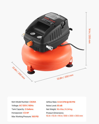 3 Gallon Air Compressor, 1/3HP 0.54CFM @ 90PSI Portable Pancake Air Compressor & 100PSI Max Working Pressure, Oil-Free Compressor Tank for Tire Inflation, Spray Painting, Woodwork Nailing, 120V