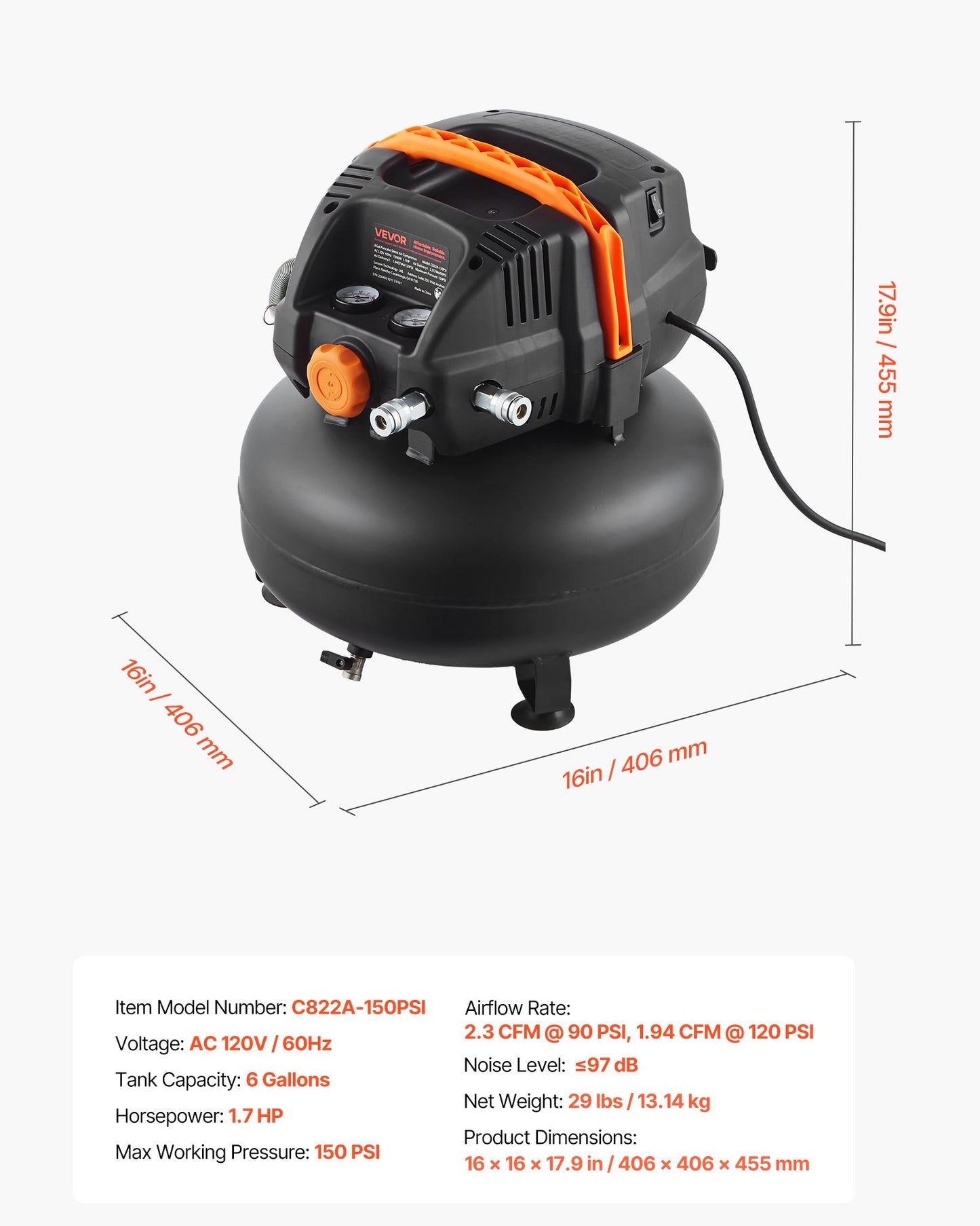6 Gallon Air Compressor, 1.7HP 2.3CFM @ 90PSI Portable Pancake Air Compressor & 150PSI Max Working Pressure, Oil-Free Compressor Tank for Tire Inflation, Spray Painting, Woodwork Nailing, 120V