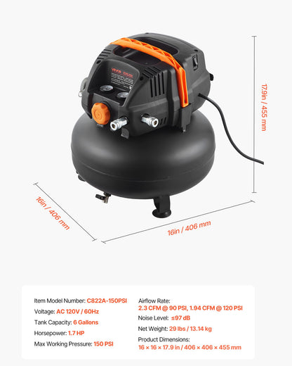 6 Gallon Air Compressor, 1.7HP 2.3CFM @ 90PSI Portable Pancake Air Compressor & 150PSI Max Working Pressure, Oil-Free Compressor Tank for Tire Inflation, Spray Painting, Woodwork Nailing, 120V