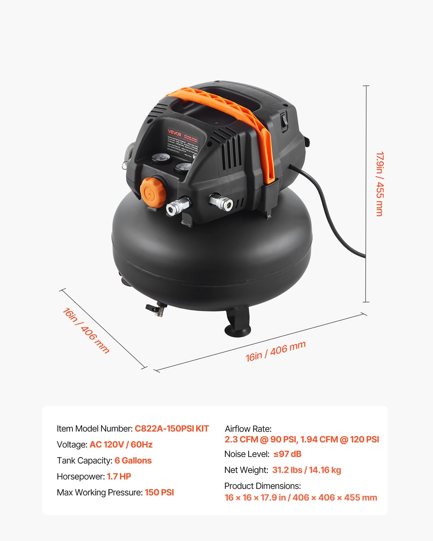 6 Gallon Air Compressor, 1.7HP 2.3CFM@90PSI Portable Pancake Air Compressor & 150PSI Max Pressure, 12-Piece Accessory Kit with 25FT Air Hose for Tire Inflation, Spray Painting, Woodwork Nailing