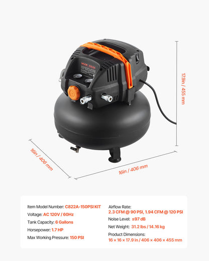 6 Gallon Air Compressor, 1.7HP 2.3CFM@90PSI Portable Pancake Air Compressor & 150PSI Max Pressure, 12-Piece Accessory Kit with 25FT Air Hose for Tire Inflation, Spray Painting, Woodwork Nailing
