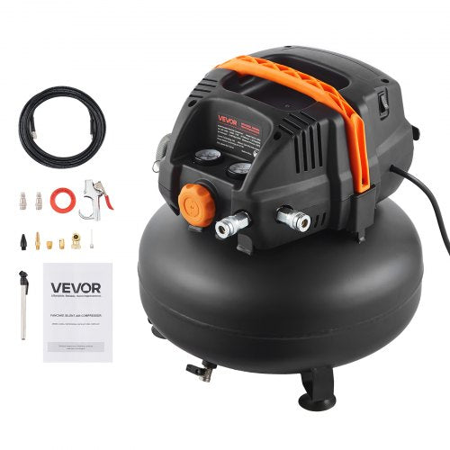 6 Gallon Air Compressor, 1.7HP 2.3CFM@90PSI Portable Pancake Air Compressor & 150PSI Max Pressure, 12-Piece Accessory Kit with 50FT Air Hose for Tire Inflation, Spray Painting, Woodwork Nailing