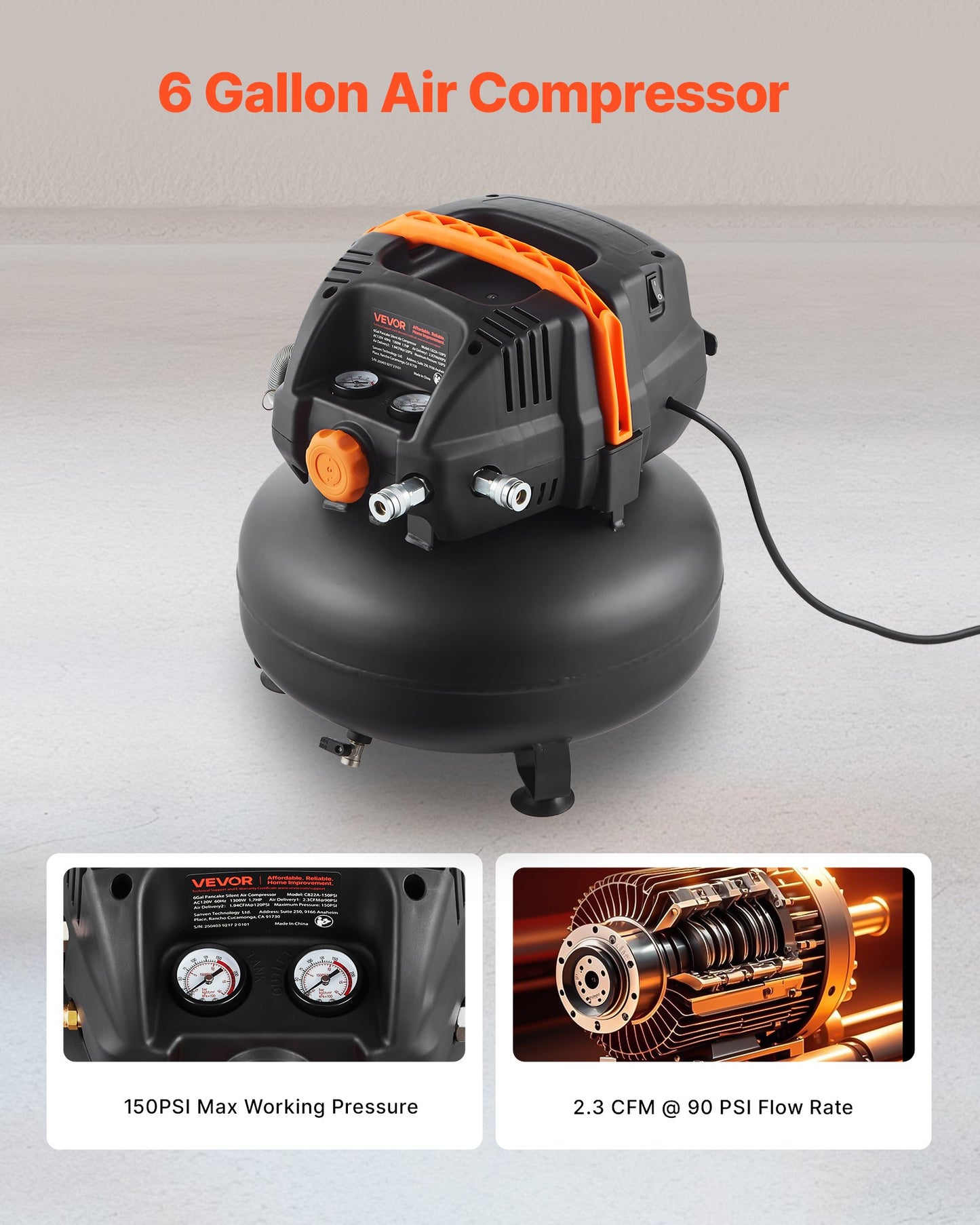 6 Gallon Air Compressor, 1.7HP 2.3CFM@90PSI Portable Pancake Air Compressor & 150PSI Max Pressure, 12-Piece Accessory Kit with 50FT Air Hose for Tire Inflation, Spray Painting, Woodwork Nailing