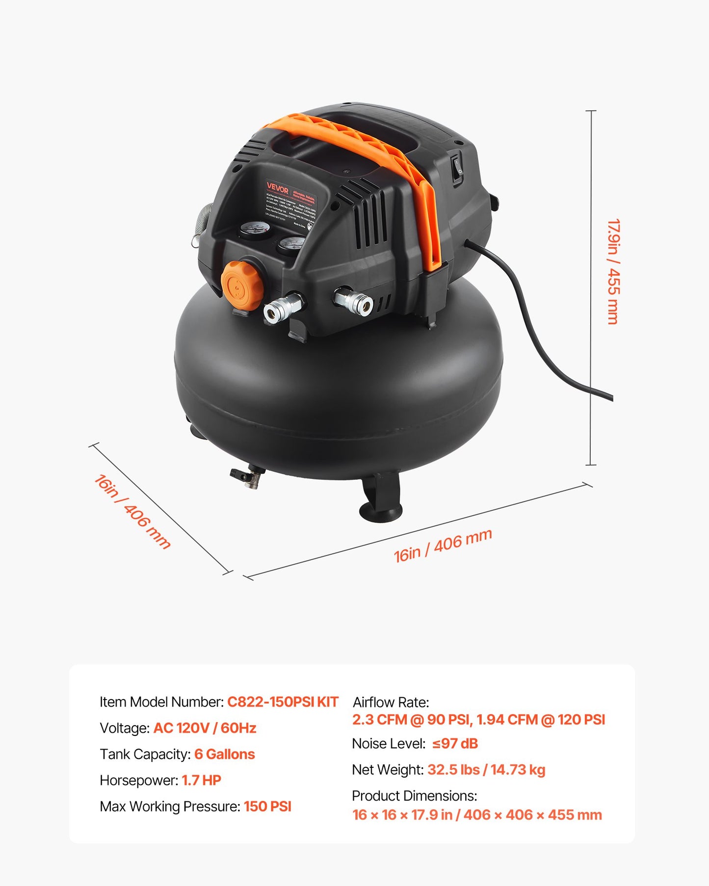 6 Gallon Air Compressor, 1.7HP 2.3CFM@90PSI Portable Pancake Air Compressor & 150PSI Max Pressure, 12-Piece Accessory Kit with 50FT Air Hose for Tire Inflation, Spray Painting, Woodwork Nailing