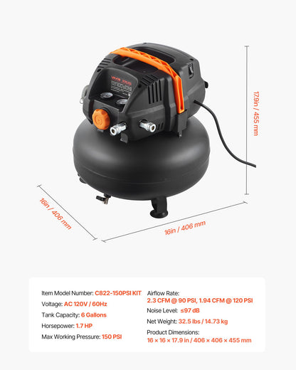 6 Gallon Air Compressor, 1.7HP 2.3CFM@90PSI Portable Pancake Air Compressor & 150PSI Max Pressure, 12-Piece Accessory Kit with 50FT Air Hose for Tire Inflation, Spray Painting, Woodwork Nailing