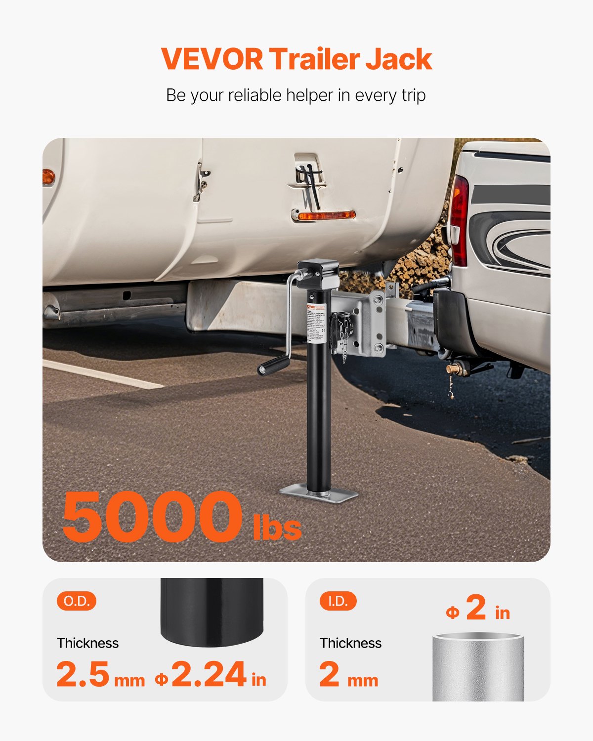 Trailer Jack Bolt-on Trailer Tongue Jack 5000 lbs Dynamic Load 14,3" Lift