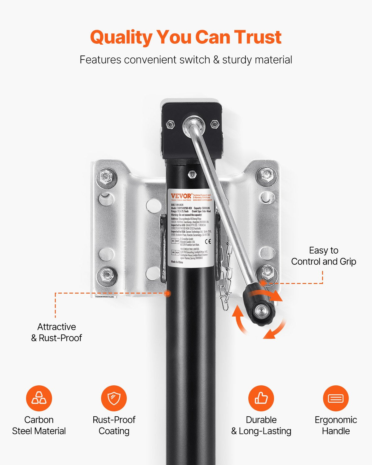 Trailer Jack Bolt-on Trailer Tongue Jack 5000 lbs Dynamic Load 14,3" Lift