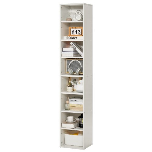 8 Tiers Narrow Bookshelf, 71 in Wooden Tall Open Bookcase with Height-Adjustable Shelf, Freestanding Display Storage Floor Bookcase Bookshelf for Library, Bedroom, Living Room, Office, White