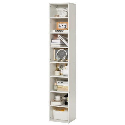 8 Tiers Narrow Bookshelf, 71 in Wooden Tall Open Bookcase with Height-Adjustable Shelf, Freestanding Display Storage Floor Bookcase Bookshelf for Library, Bedroom, Living Room, Office, White