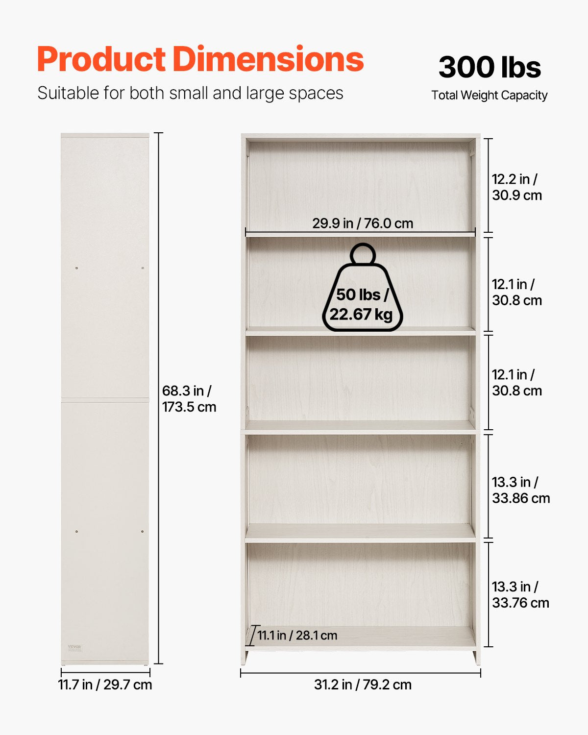 5-stöckiges breites Bücherregal, 172,7 cm, freistehendes offenes Bücherregal aus Holz, weiß