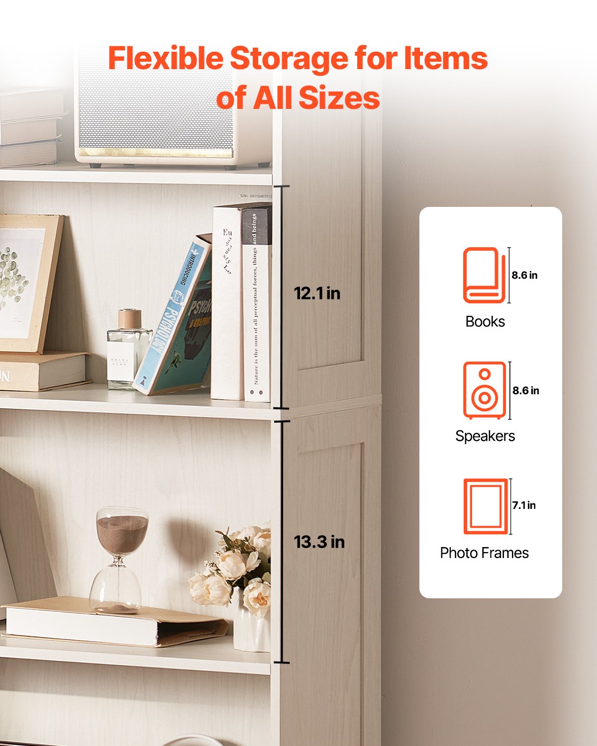 5-stöckiges breites Bücherregal, 172,7 cm, freistehendes offenes Bücherregal aus Holz, weiß