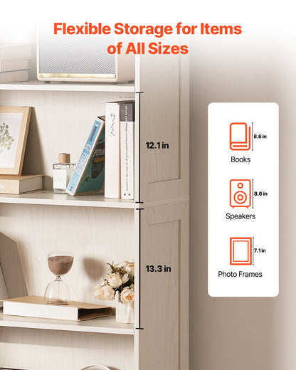 5-stöckiges breites Bücherregal, 172,7 cm, freistehendes offenes Bücherregal aus Holz, weiß