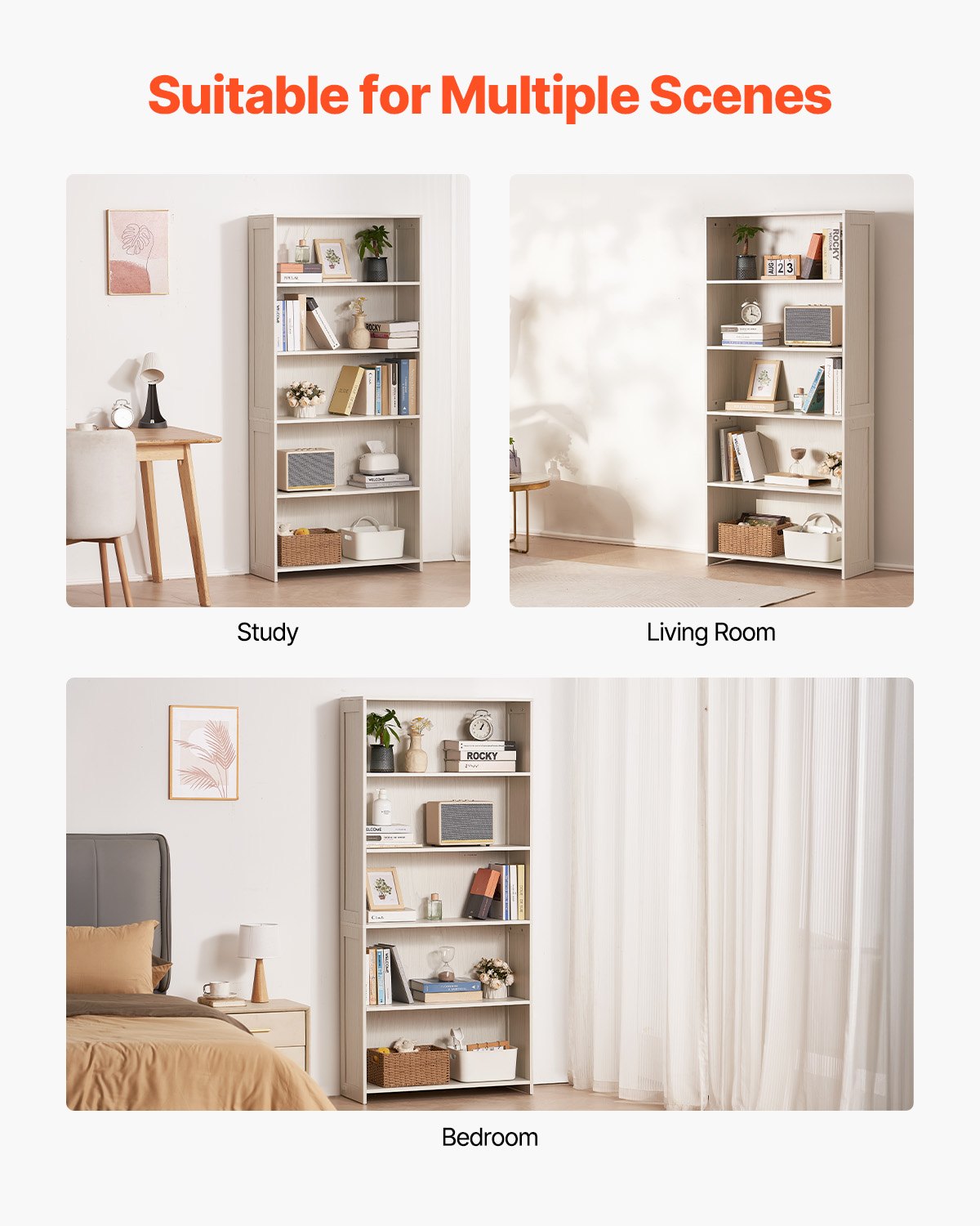 5-stöckiges breites Bücherregal, 172,7 cm, freistehendes offenes Bücherregal aus Holz, weiß