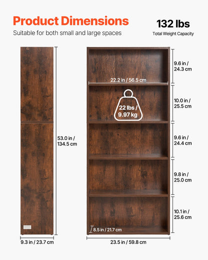 Bücherregal mit 5 Ebenen, schmal, 135,6 cm, offenes Bücherregal aus Holz, verstellbare Regalböden, Braun