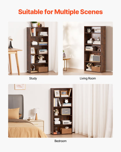 Bücherregal mit 5 Ebenen, schmal, 135,6 cm, offenes Bücherregal aus Holz, verstellbare Regalböden, Braun