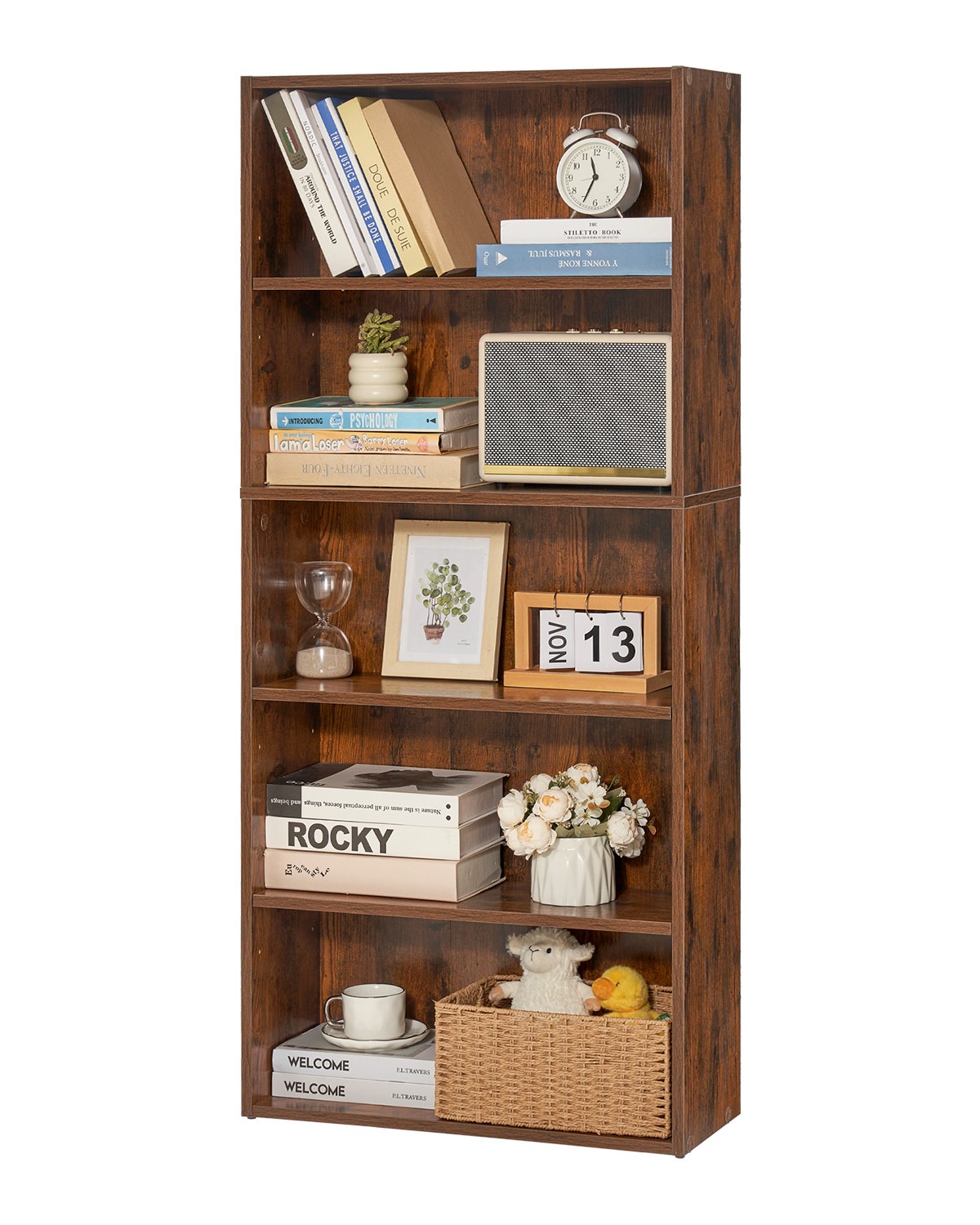 Bücherregal mit 5 Ebenen, schmal, 135,6 cm, offenes Bücherregal aus Holz, verstellbare Regalböden, Braun