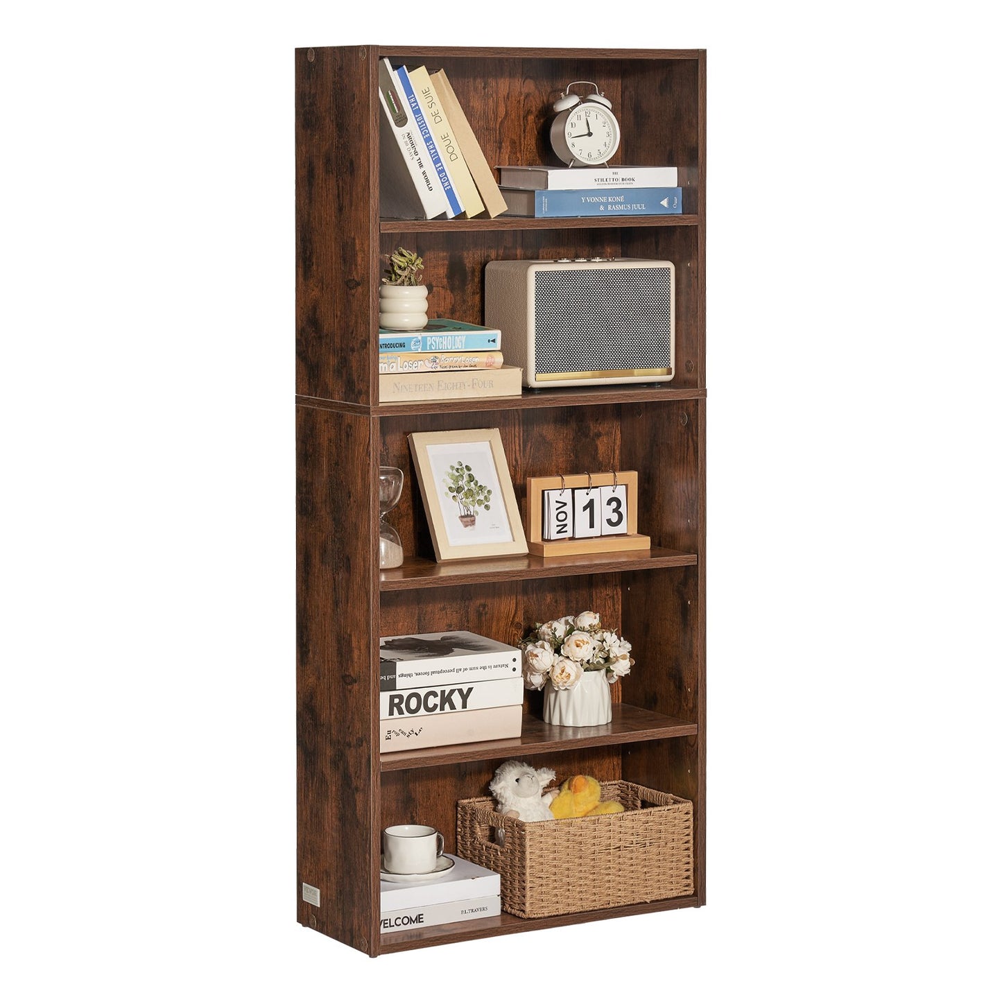 Bücherregal mit 5 Ebenen, schmal, 135,6 cm, offenes Bücherregal aus Holz, verstellbare Regalböden, Braun